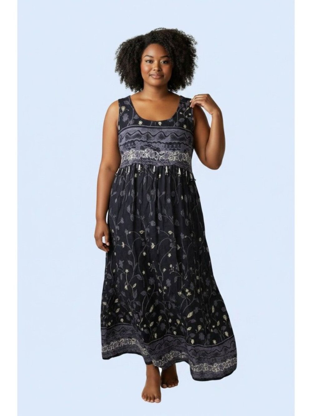 M.P.H. Dress XL black white beaded crinkled print floral Sleeveless Bohemian